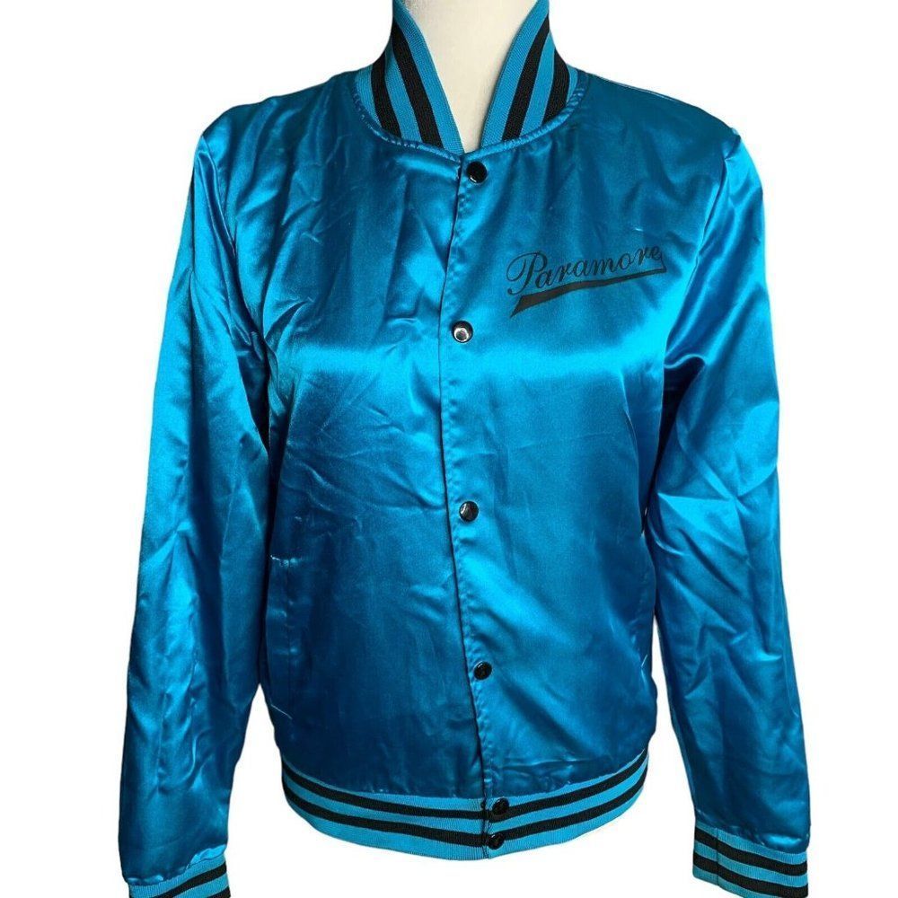 Paramore Satin Varsity Bomber Jacket L Teal Blue Snaps Lined Pockets Rock Band